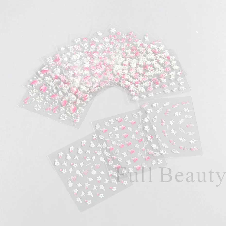 30Pcs Pink White Flowers Nail Sticker Set Sakura Cherry Cute Floral Decals Heart Moon Butterfly Sliders Nail Charms LA3D30set-01XJ240814