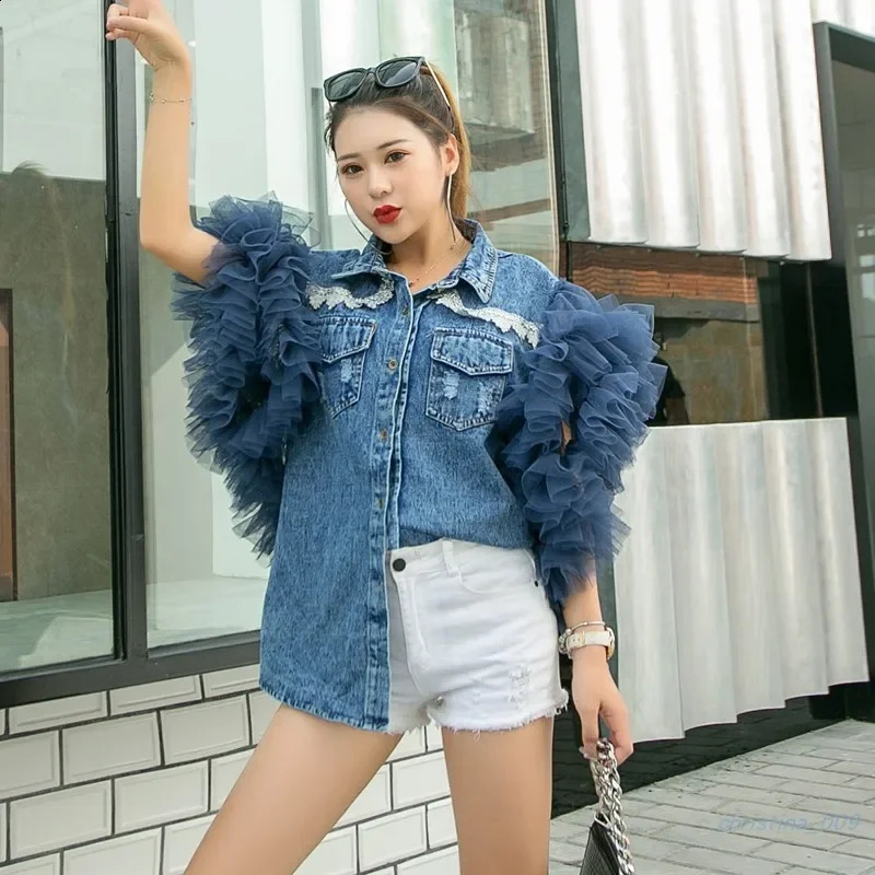 Women Summer Lace Ruffled Denim Waistcoat Jacket Short Sleeve Mesh Pleated Patchwork Lotus Jeans Vest Cowboy Tank Coat Cardigan 240814