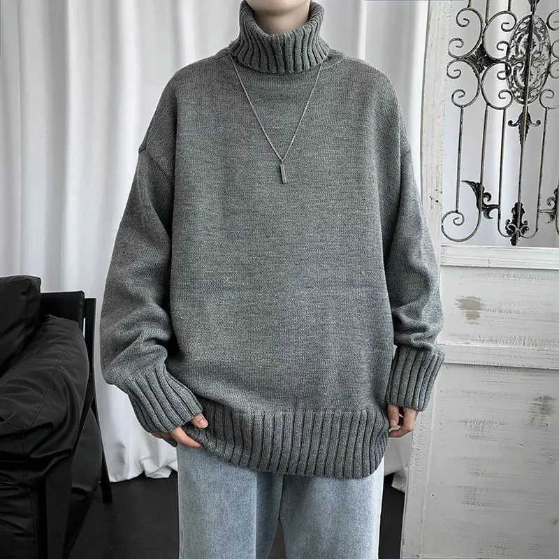 Winter Korean Solid High Neck Sweater Mens Patchwork Screw Thread Student Fashion Loose Versatile Warm Long Sleeved Knitted TopXJ240814