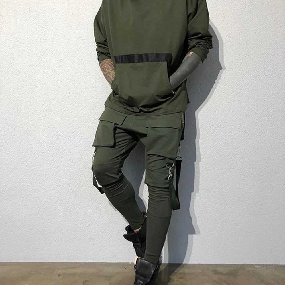 Mens running elastic tight sports pants breathable fitness casual cotton multi pocket pants ultra-thin legs W250318