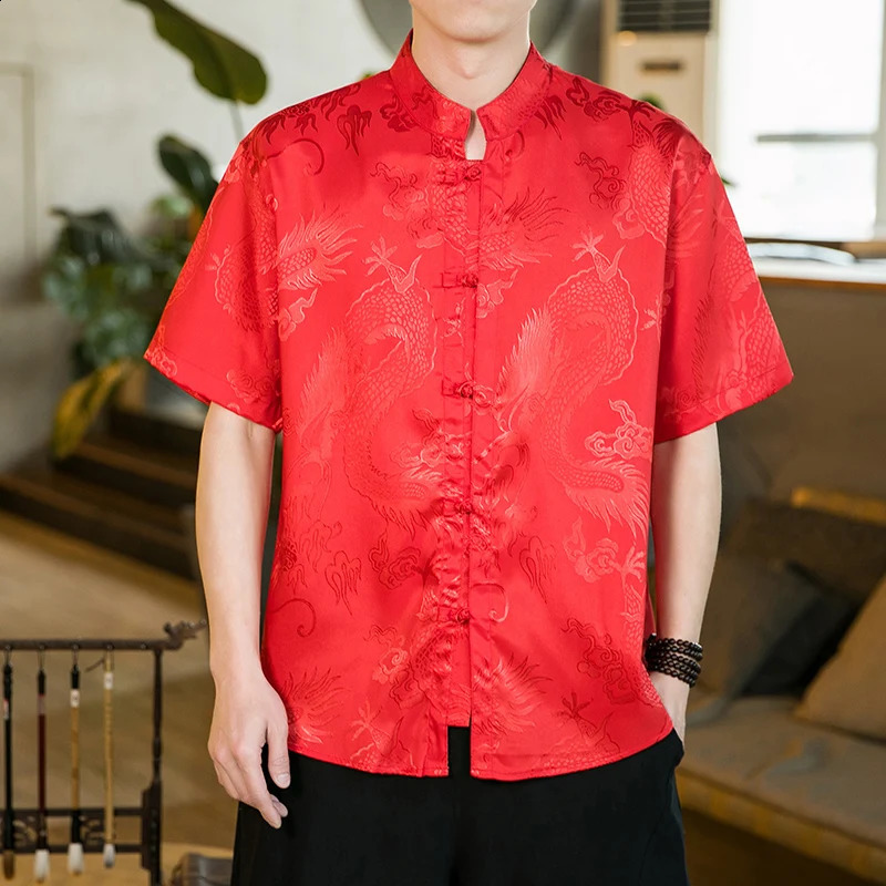 Men Shirt Mandarin Collar Short Sleeve Summer Oversize 5XL Plus Size Men Formal Black White Red Chinese Year Clothing Retro 240815