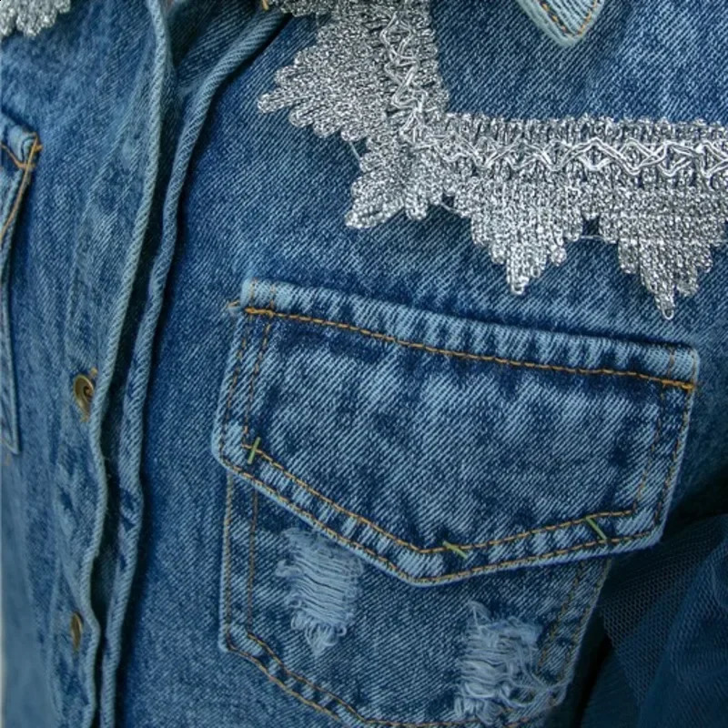 Women Summer Lace Ruffled Denim Waistcoat Jacket Short Sleeve Mesh Pleated Patchwork Lotus Jeans Vest Cowboy Tank Coat Cardigan 240814