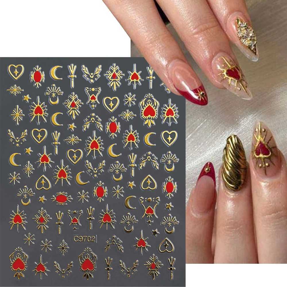 1pcs 3D Bronzing Gold Love Heart Nail Art Stickers Y2K Holographic Stars Sun Sliders Starlight DIY Decals Manicure DecorationXJ240814