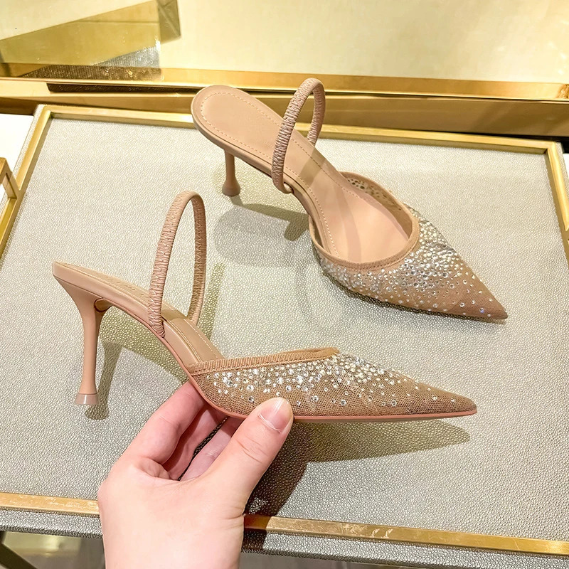 Brand Shiny Rhinestone Design Mesh High Heels Women Summer Elegant Open Pointed Toe Sandals Thine Heel Mules Pumps