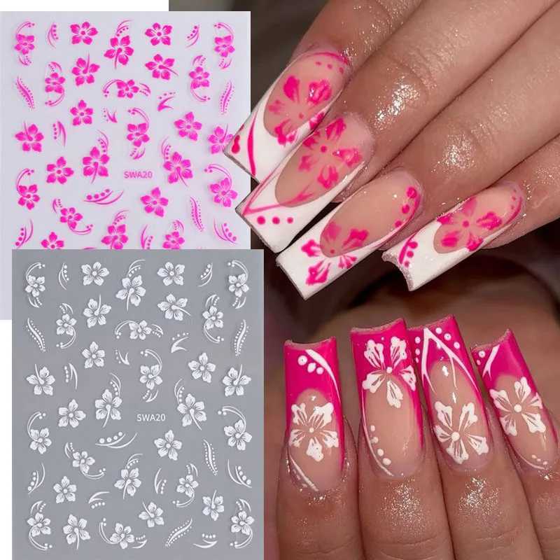 5D Hibiscus Flower Nail Embossed Sticker Acrylic Pink White Gold Petal Leaf Adhesive Decal Butterfly Dragon Floral Elegant DecorXJ240814