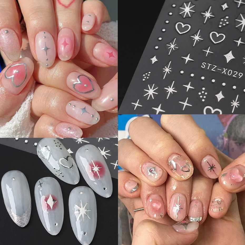 3D Love Heart Nail Stickers Holographic Bronzing Stars Sliders Starlight Flame Silver Chrome Y2K Nail Art Manicure DecorationXJ240814