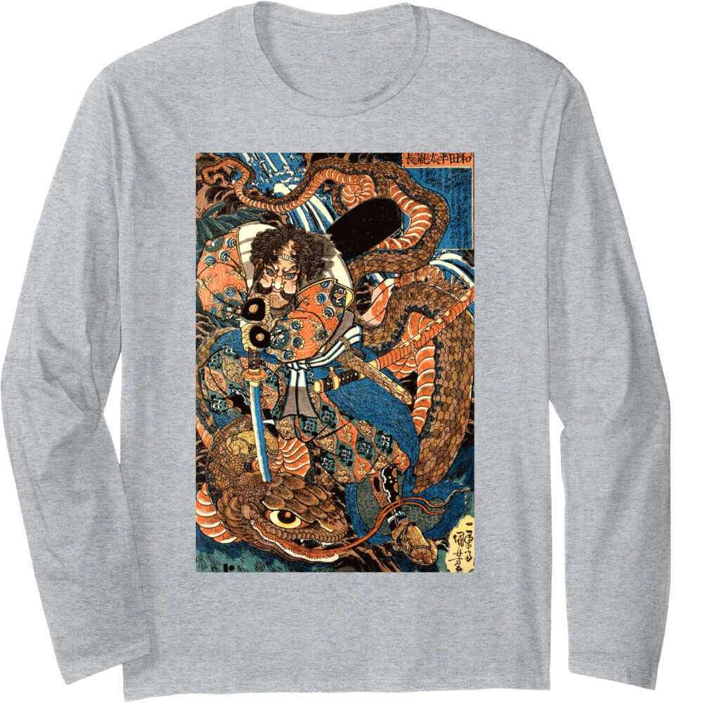 Long Sleeve Shirts for Men sweatshirt Samurai Ninja Against Snake Serpent Water Monster Long Sleeve Tee Streetwear Casual tops clothes