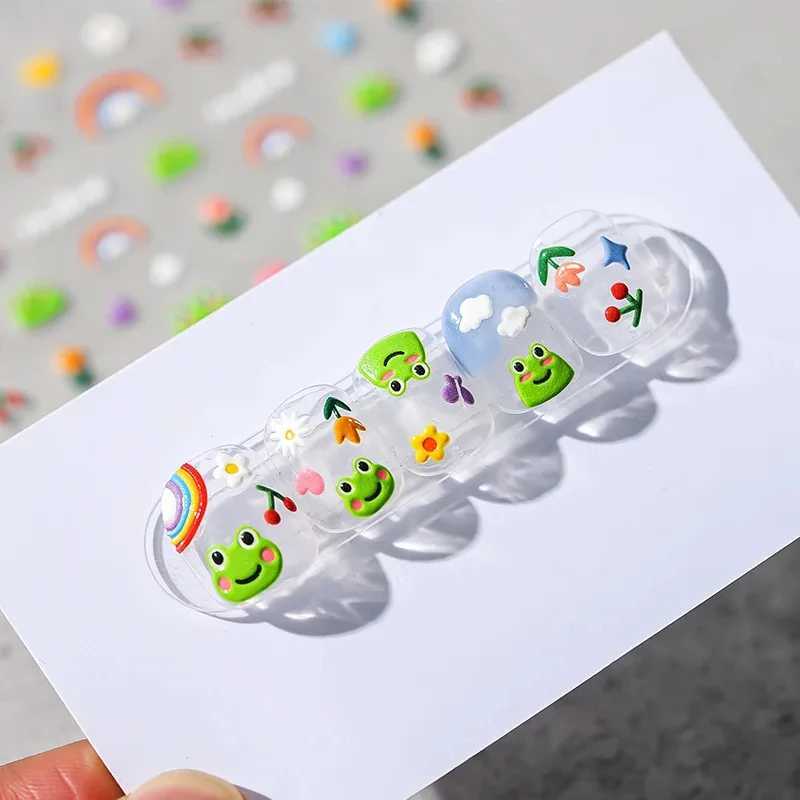 1pcs Cute Cartoon Nail Art Stickers 5D Embossed Frog Cherry Rainbow Self Adhesive Slider For Nails DIY Nail Charms Kawaii DecalaXJ240814