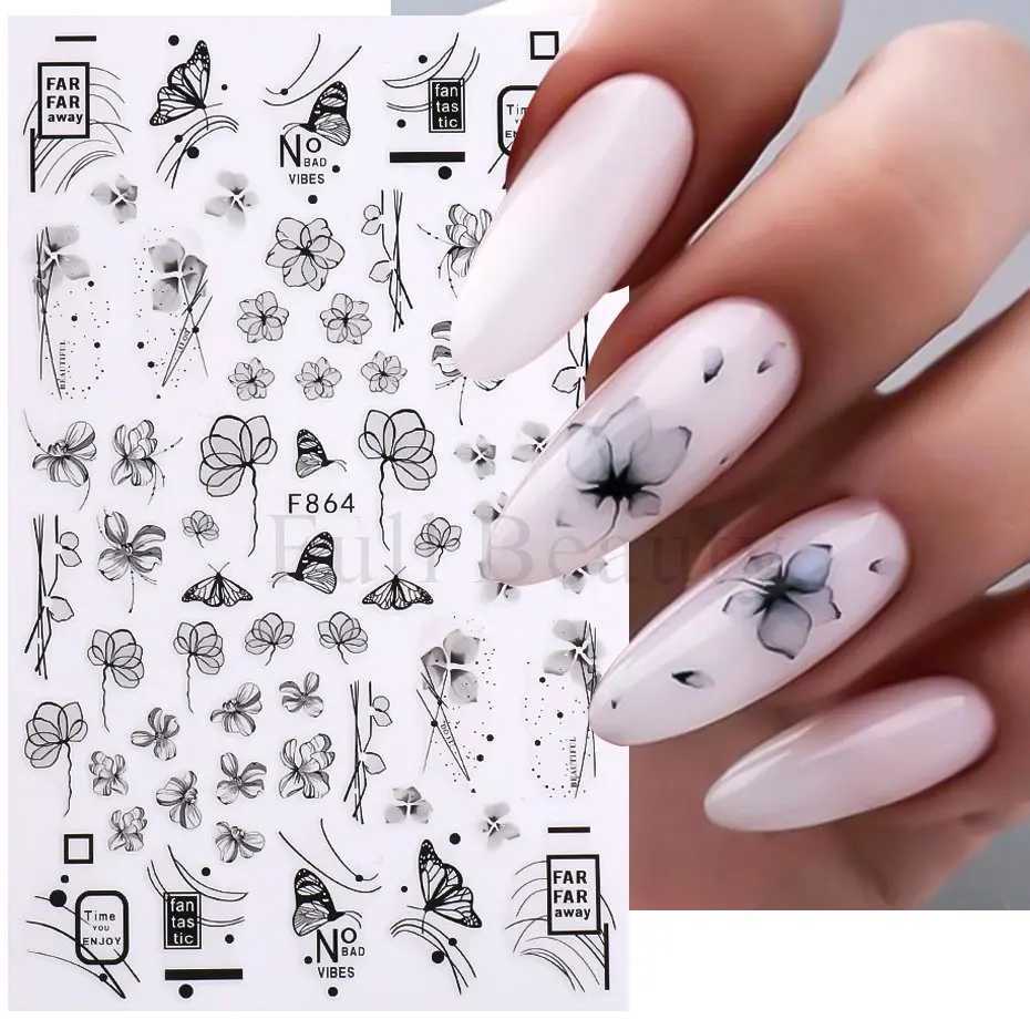 1PC Black Leaf 3D Adhesive Sticker For Nail Geometric Lines Spring Flower Leaves Butterfly Nail Decor Decal Manicure AccessoriesXJ240814