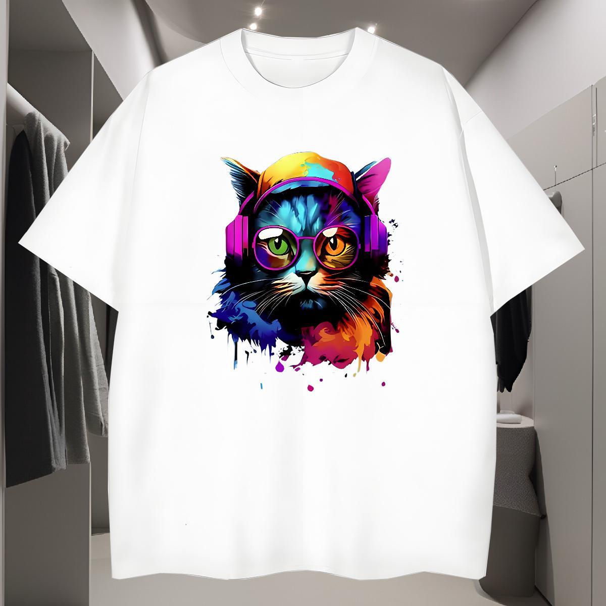 T shirt 230g Pure Cotton colorful cat Summer Casual Breathable Soft Black Oversized Men Tops Tees Factory Direct Loose Tops Shirt