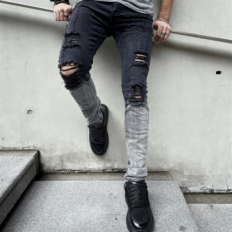 Men Stylish Ripped Gradient Skinny Pencil Jeans Pants Male Holes Stretch Casual Denim Trousers 240814