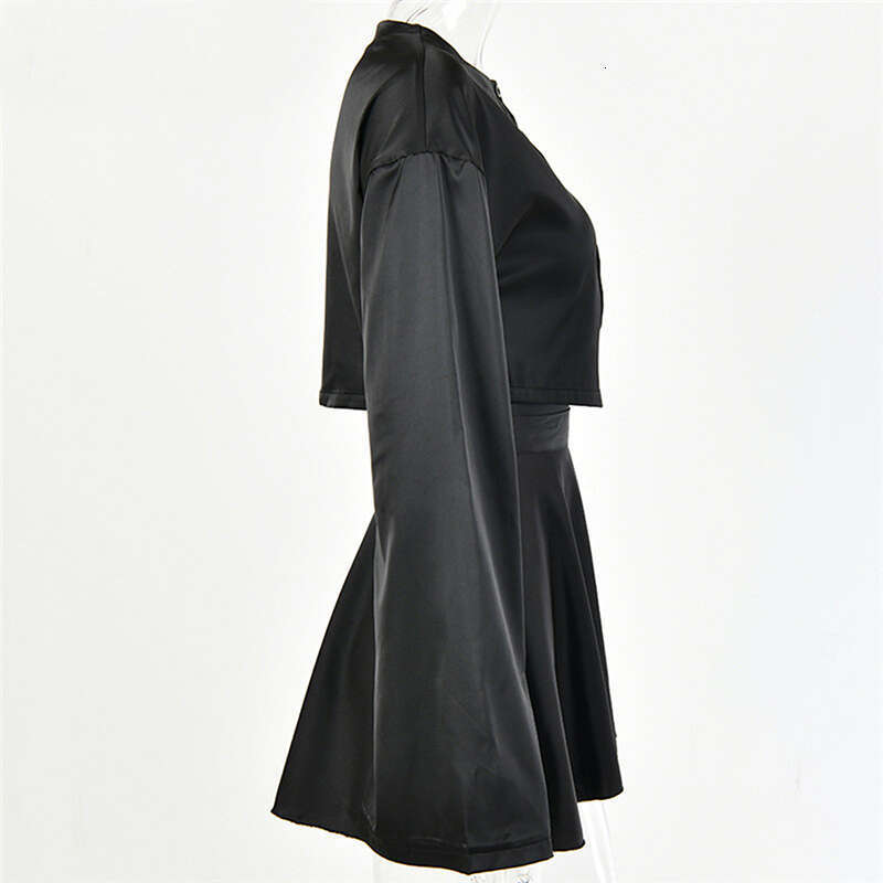 Elegant Solid Satin 2 Two Pcs Set Women Lantern Long Sleeve Crop Tops Cardigan Sexy High Waist Mini Tennis Sport Skirts New