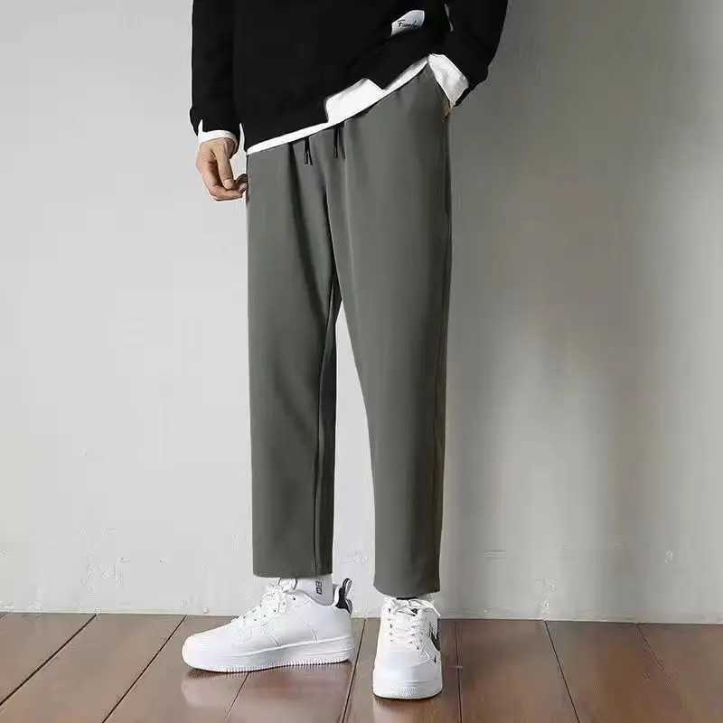 2024 Summer New Mens Trouser Elastic Mid Waist Drawstring Pocket Solid Color Loose Comfortable Casual Straight PantsW240725