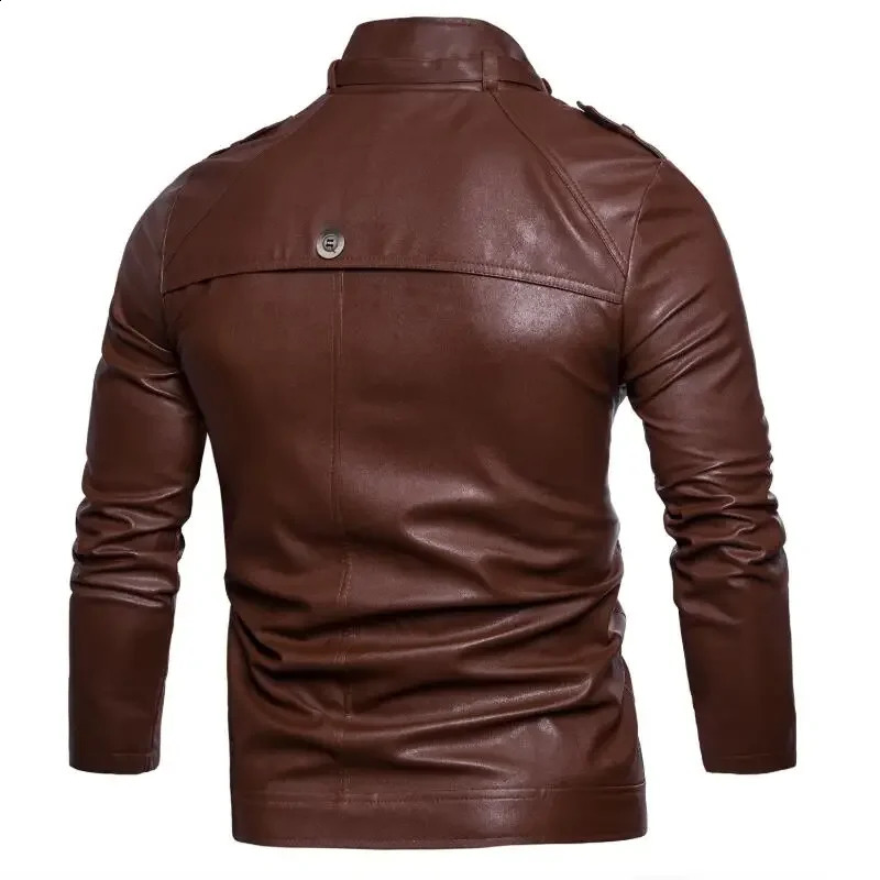 Autumn Mens Casual Fashion Standing Neck Slim Fit PU Leather Jacket Solid Leather Jacket Mens Windproof Motorcycle 240814