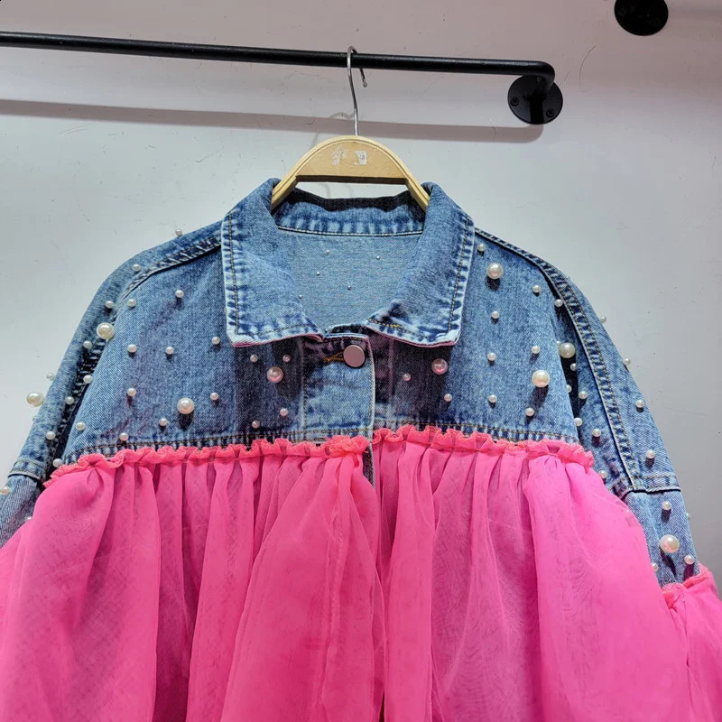 EWQ Mesh Spliced Pearl Denim Jacket For Women Long Sleeve Patchwork Contrast Jackets Coat 2024 Spring Summer Tops 16Y7008 240814