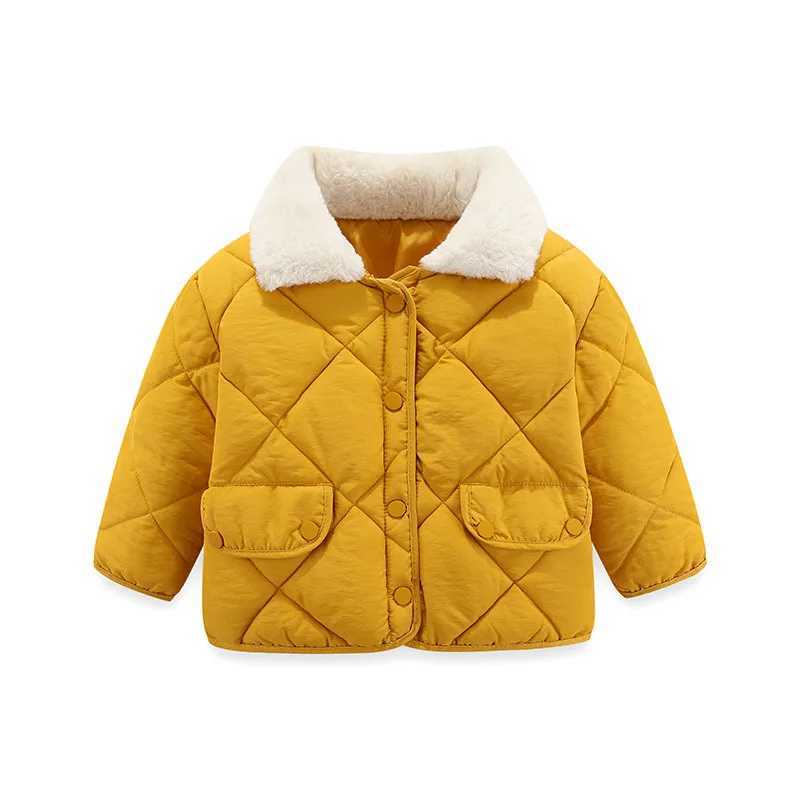 Lattice Rabbit fur collar coat thick cotton jacket boys and girls baby yellow warm coat childrens winter outdoor casual clothing 1-6 Y W240814