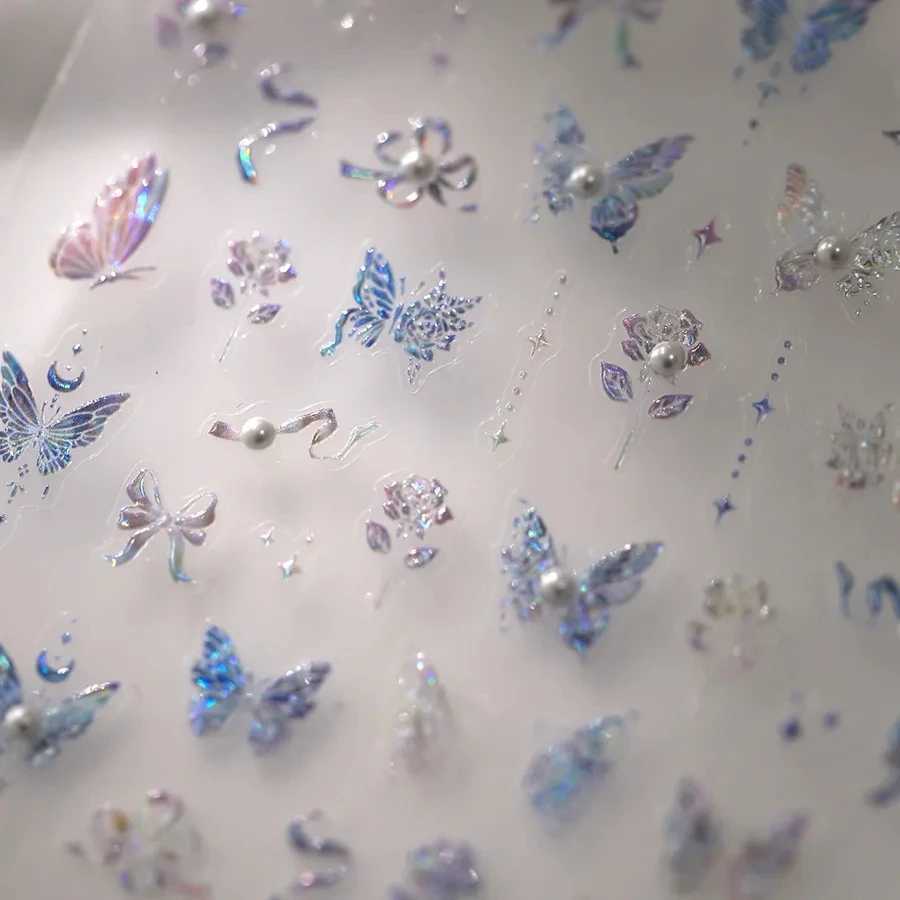Blue Purple Butterfly Rose Bowknot Starlight Polarized 3D Self Adhesive Nail Art Stickers Pearl Rhinestone Chic Manicure DecalsXJ240814