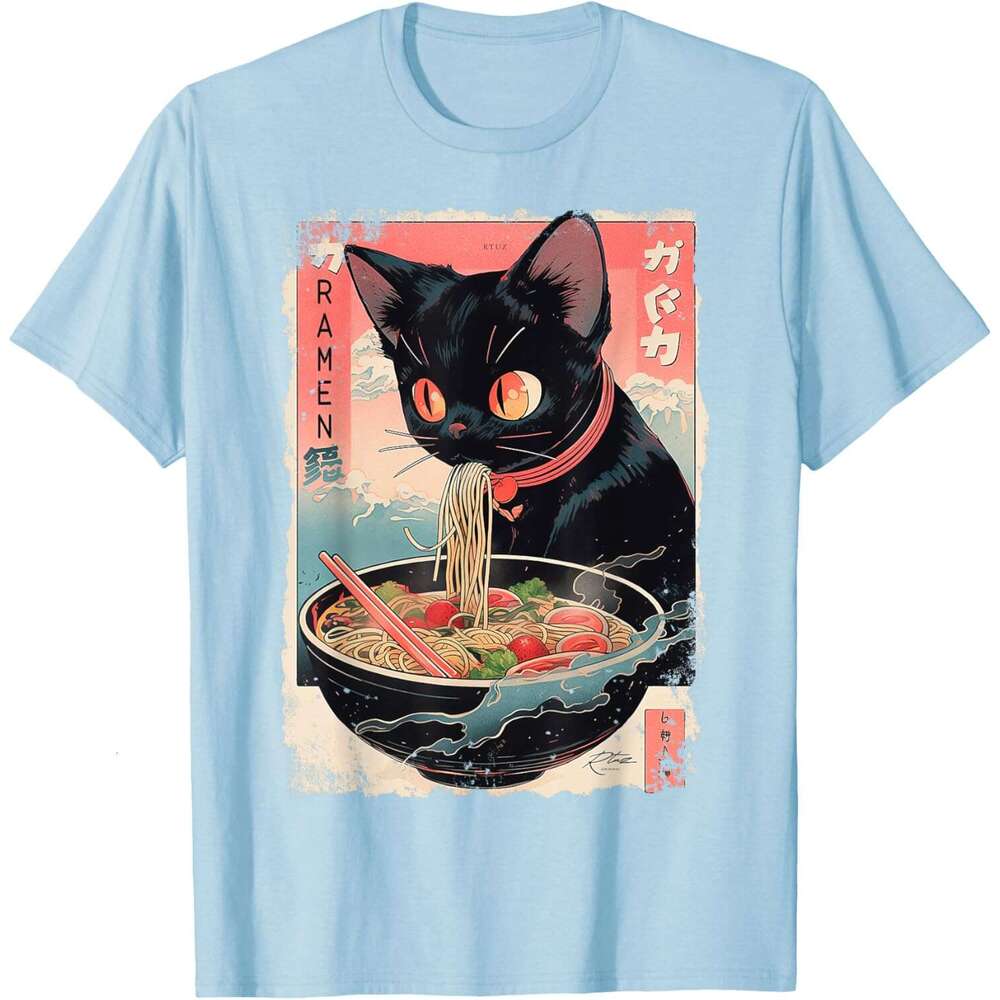 T shirt for Mens Womens Cat Ramen Noodle Japanese Anime Manga Ramen Kawaii Cat T-Shirt Shirts Tshirt Graphic Tee Casual Tops Clothes Short sleeve