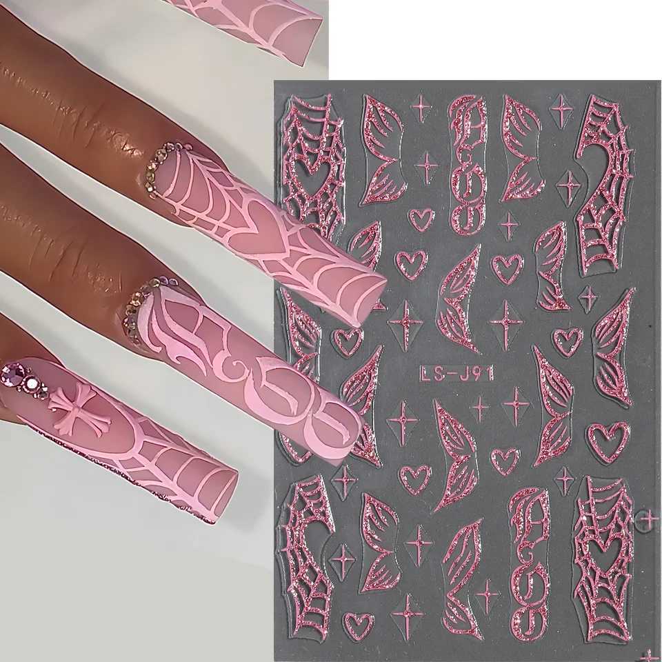 Pink Glitter Nail Art Stickers Shimmer Heart Cobweb Y2K Nail Stickers 3D Butterfly Self Adhesive Decals DIY Nail Supplies LS-J91XJ240814