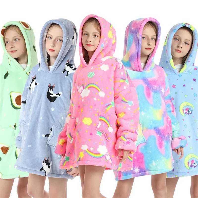 Winter Sherpa TV Blanket Kids Soft Plush Sweatshirt Hoodie Children Warm Flannel Hooded Animal Giant Blankets Pullover Pajamas Y240815