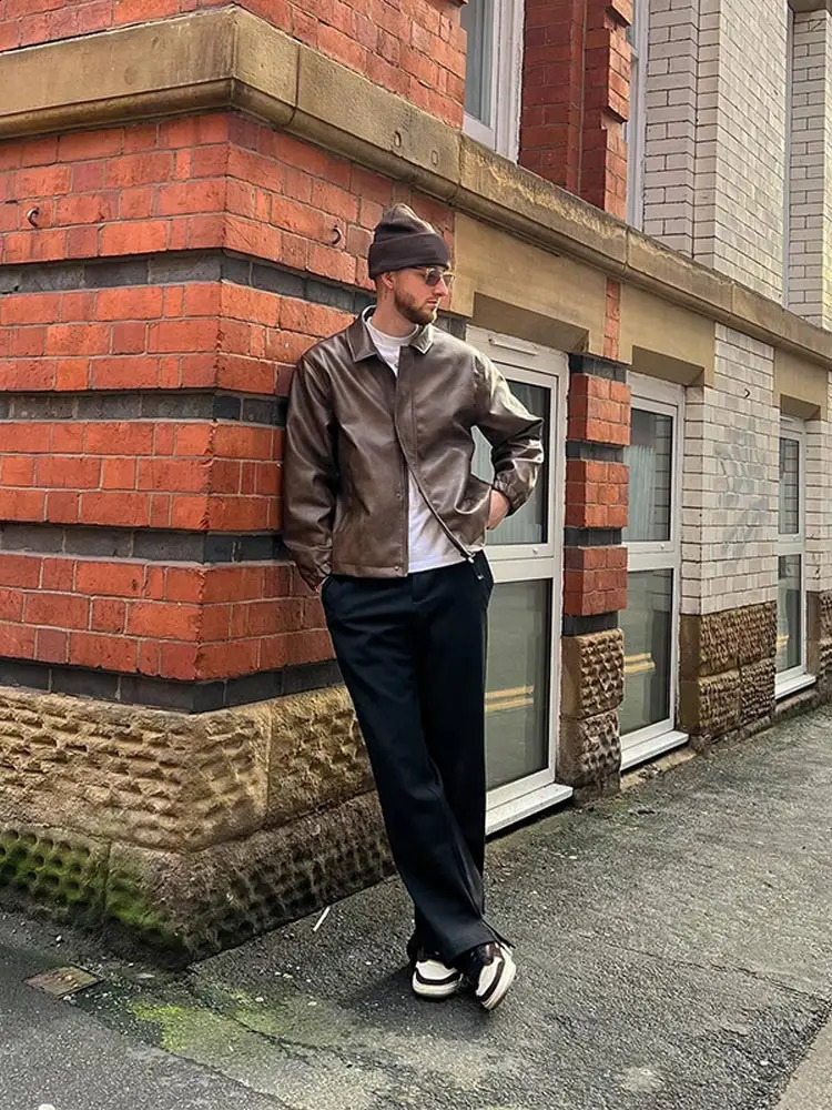 Vintage Walnut Vegan Leather Jacket 2024 Sutumn Lapel Long Sleeve Loose Overcoat Male Casual Pocket Faux Leather Coat Mens Top 240814