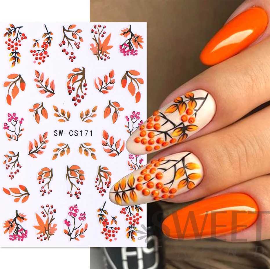 3D Autumn Pumpkin Nail Sticker Fall Leaf Slider Halloween Scorpion Cherry Spider Web Ghost Decal DIY Manicure Art Decoration TipXJ240814