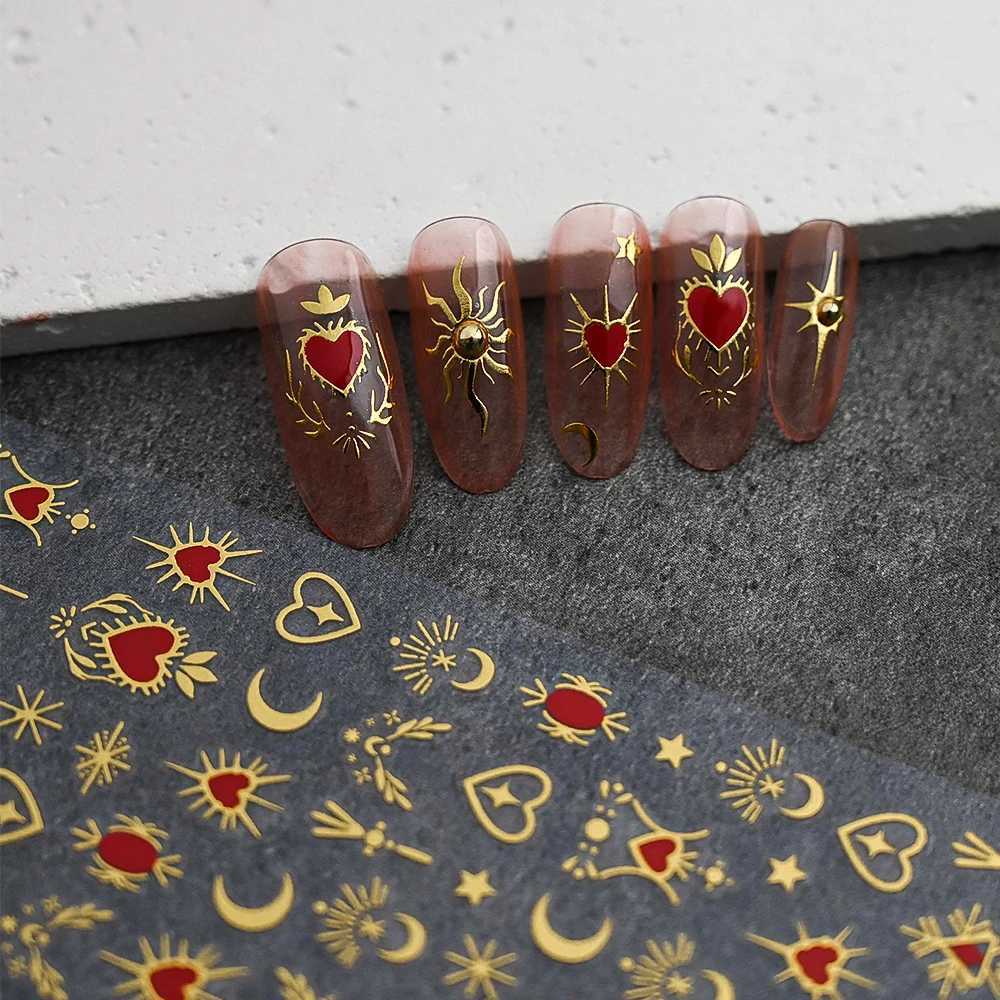 1pcs 3D Bronzing Gold Love Heart Nail Art Stickers Y2K Holographic Stars Sun Sliders Starlight DIY Decals Manicure DecorationXJ240814