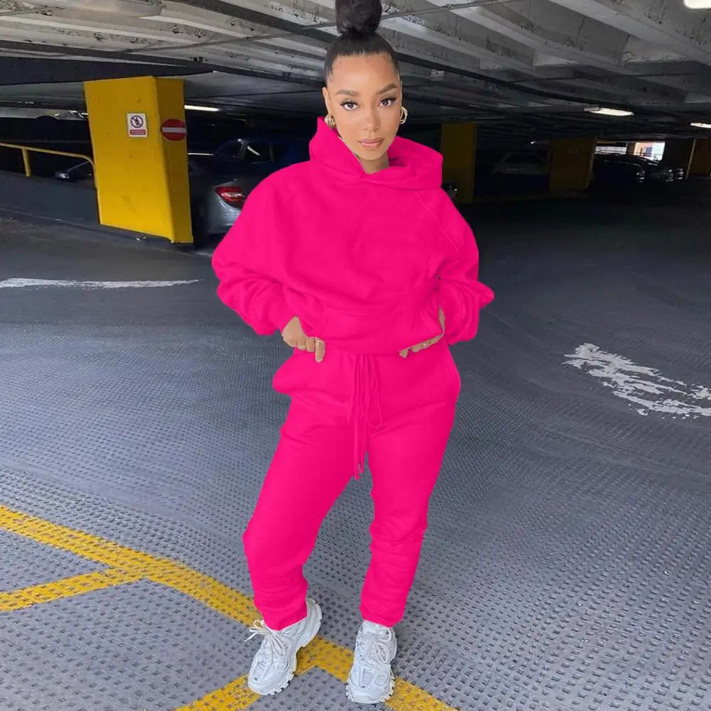 Autumn Winter 2Pcs Set Women Tracksuit Fleece Long Sleeve Pullover Warm Top HoodieJogger Pants Solid Outfit Sport Suit Sets 240809