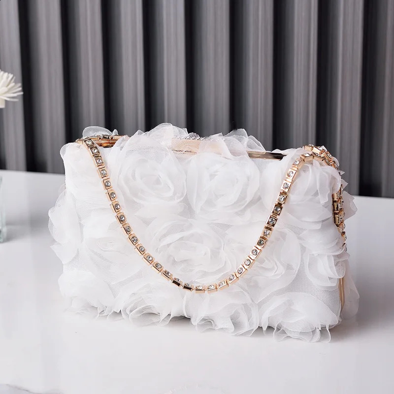 Chiffon Flower Evening Bag Champagne Color Ladies Cheongsam Bag Handmade Dress Bag Diamond Jewelry Bag 240813