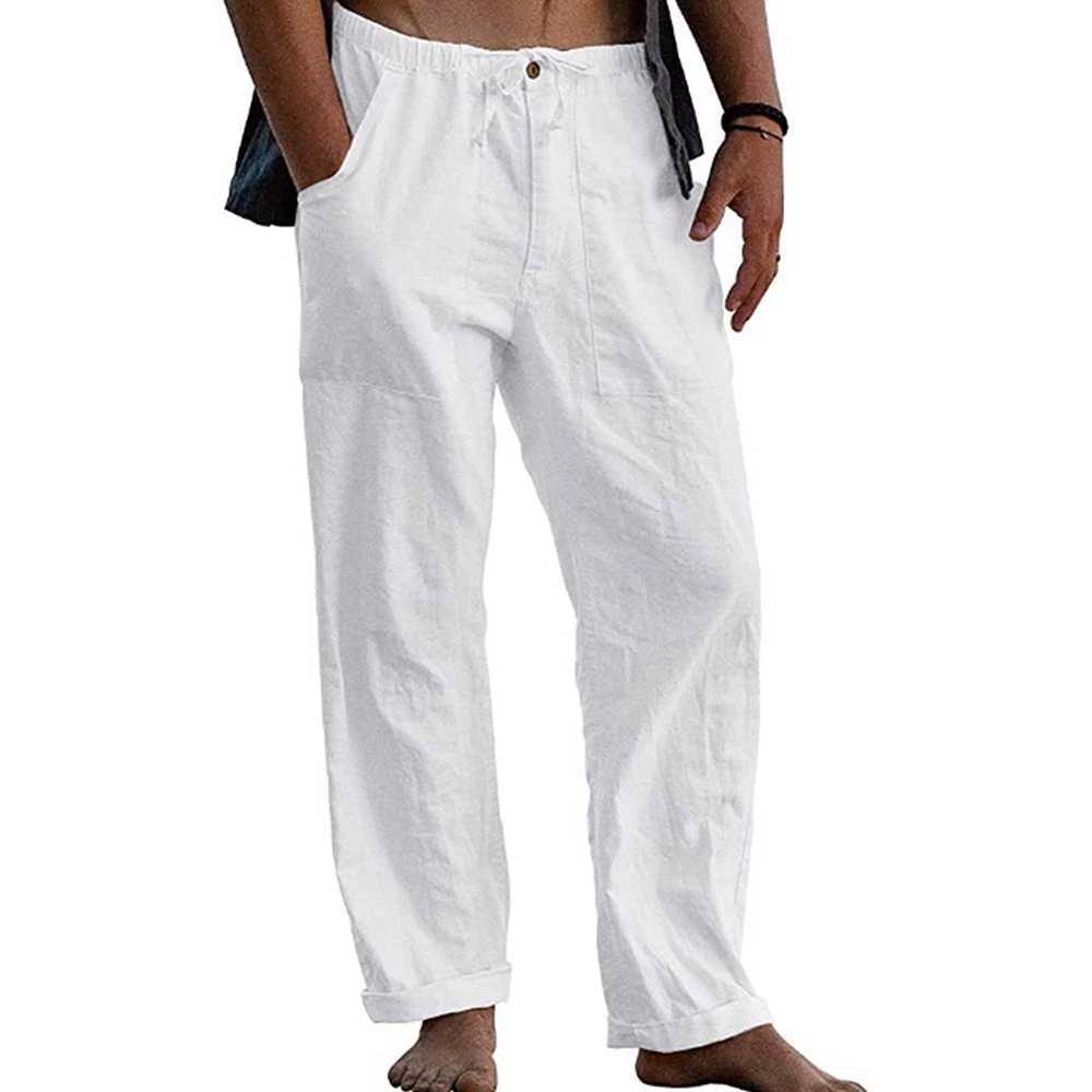 Mens cotton linen pants with elastic waist multiple pockets wide legs mens casual thin drawstring pantsW240725