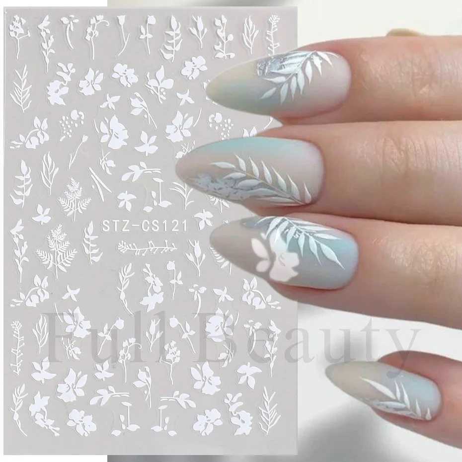 White Black Leaf Nail Stickers Summer Small Flower 3D Nail Art Decorations Self-Adhesive Slider Manicure Tattoo Tool LASTZ-CS121XJ240814