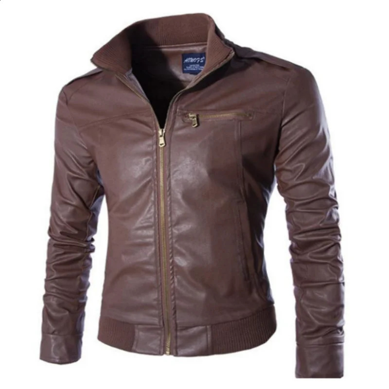 Stand Collar Motorcycle Leather Jacket Coat Autumn Winter Mens Casual Fashion Trendy Mens Leather Coat 240814
