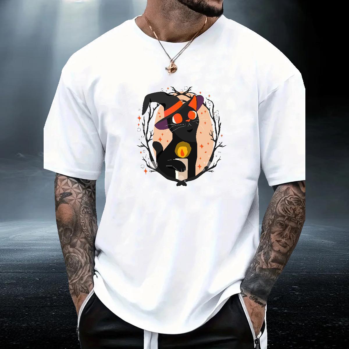 Brand Men Tshirts Casual 230g Pure Cotton Custom Anime O-Neck Short Sleeve cat T Shirt For Man Casual New Tops