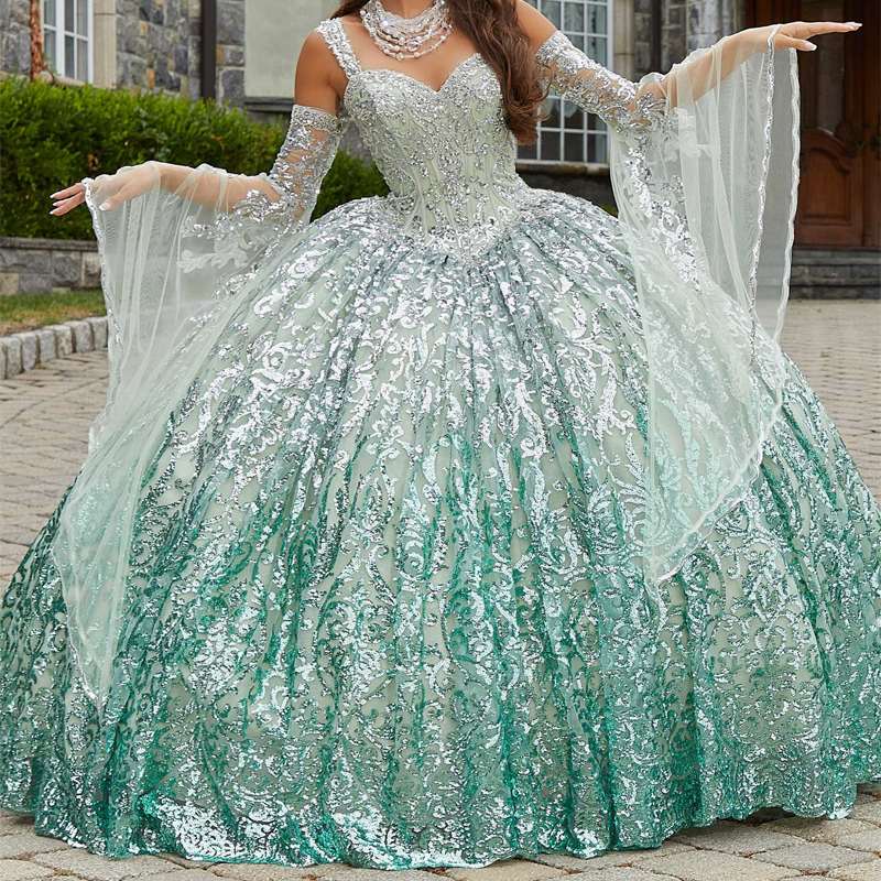 Luxury Light Green Shiny Quinceanera Dresses 2025 Sequin Lace Appliqued Beads Off the Shoulder Ball Gown Sweet 16 Vestidos 15 De Quinceanera