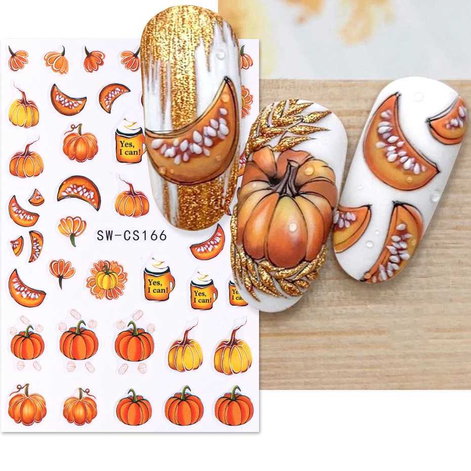 3D Autumn Pumpkin Nail Sticker Fall Leaf Slider Halloween Scorpion Cherry Spider Web Ghost Decal DIY Manicure Art Decoration TipXJ240814