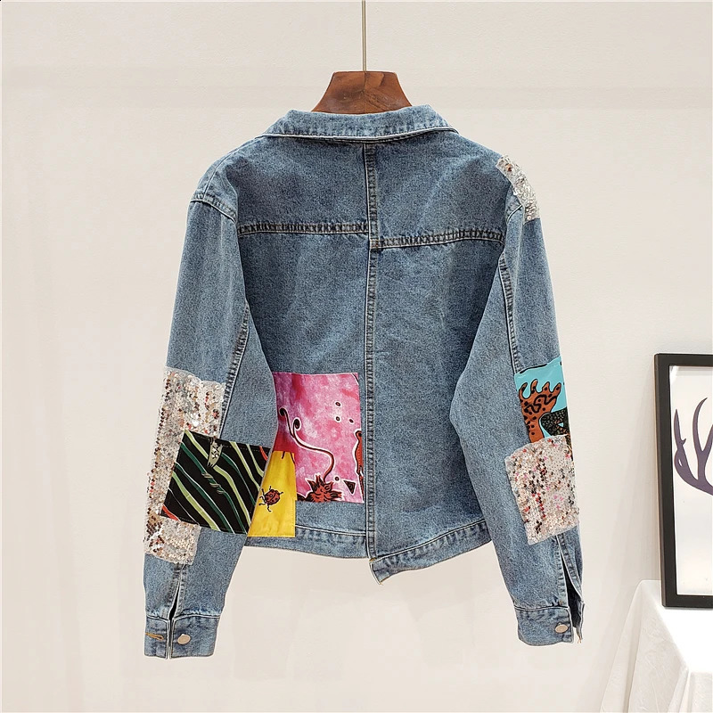 Autumn Women Denim Jacket Sequins Overcoat Patchwork Cartoon Jeans Jacket Casual Female Loose Coat Jeans Jacket Women 240814