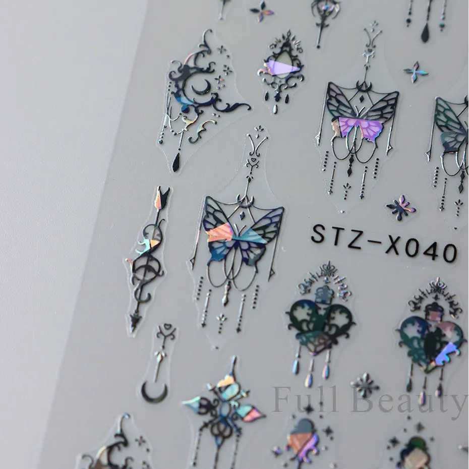 3D Holographic Black Butterfly Nails Slider Laser Self-adhesive Decals Dark Castle Tassels Designs Manicure Stickers Decor 2023XJ240814