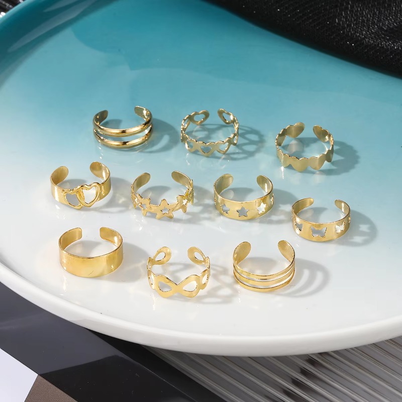 10Pcs/Set Gold Star Butterfly Heart Foot Toe Ring Set Silver Hollow Lightning Moon Beach toes Ring For Fashion Women Jewelry