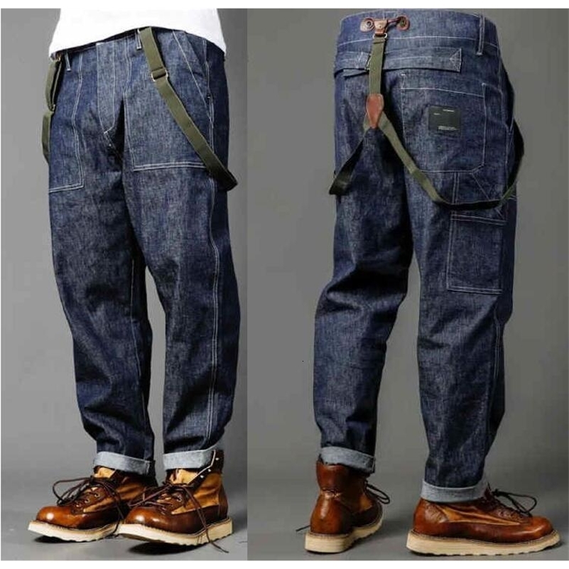 Mens Straight Shoulder Strap Jeans Loose Denim Overall Casual Multi Pocket Bib Jeans 240814