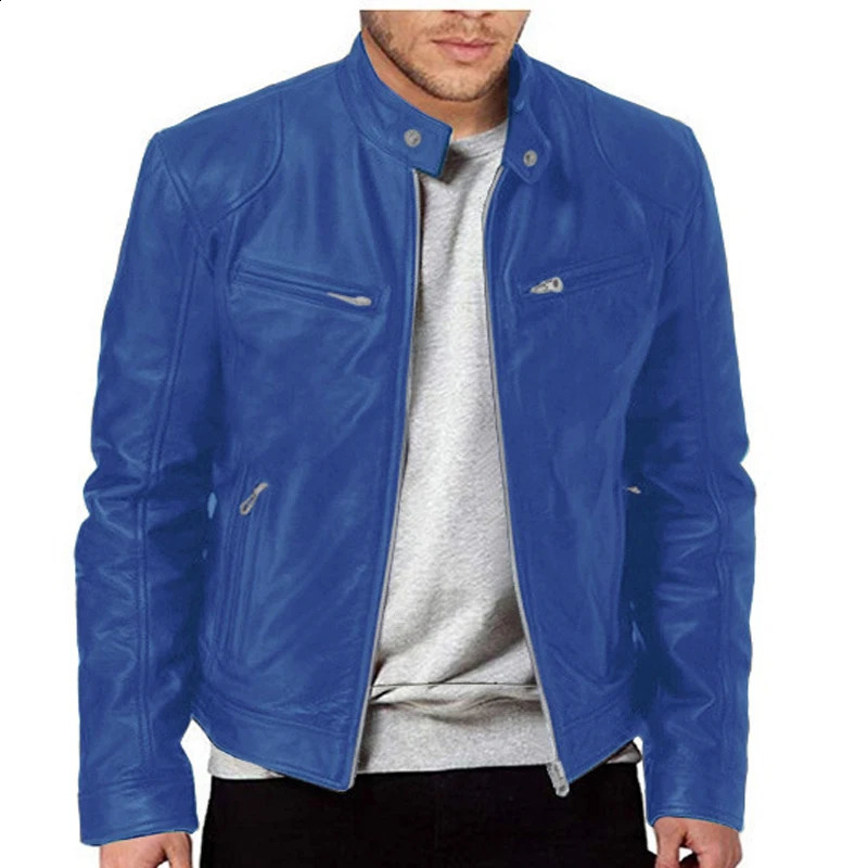 Mens Leather Jacket Stand Up Collar Punk Style Leather Coat 240814