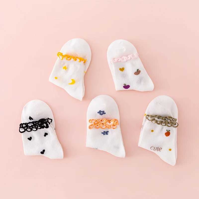 5 pairs of girls socks with curled edges cute and easy to match girls mid calf socks summer thin cotton socks W240814