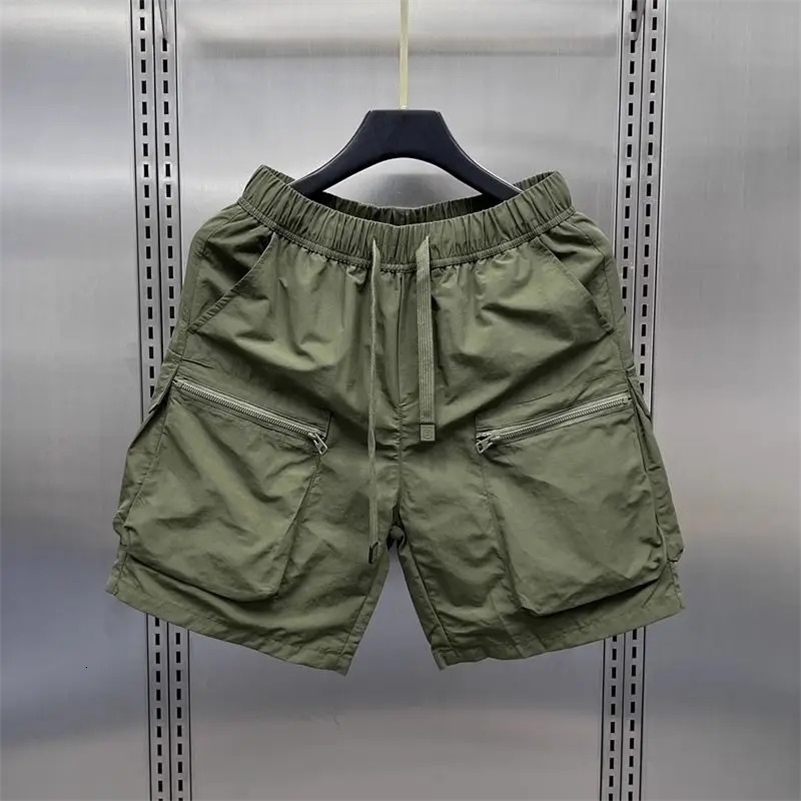 Mens Retro Multi Pocket Cargo Shorts Summer Thin Loose Straight Casual Outerwear s Solid Color Drawstring Short Pants y240814