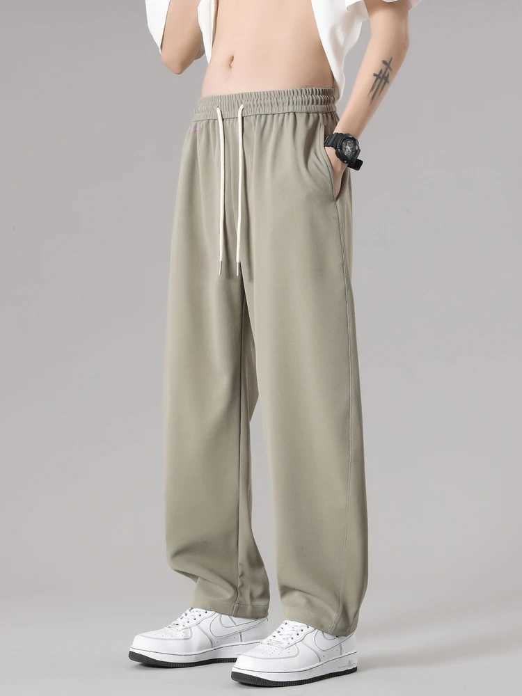 Spring Summer Mens Sweatpants Korean Fashion Drawstring Waist Casual Track Pants Male Sportswear Loose Straight Draped TrousersM240815