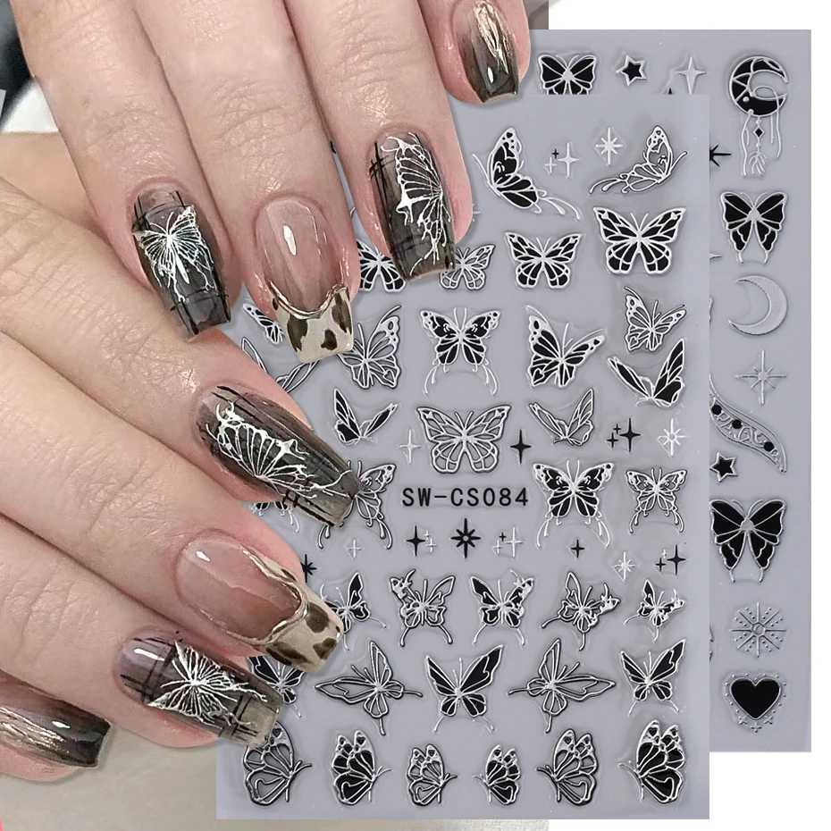 Black Silver Chrome Butterfly Nail Stickers Metal Mirror Star Gilded Design Decals DIY Summer Red Moon Decoration Manicure WrapsXJ240814