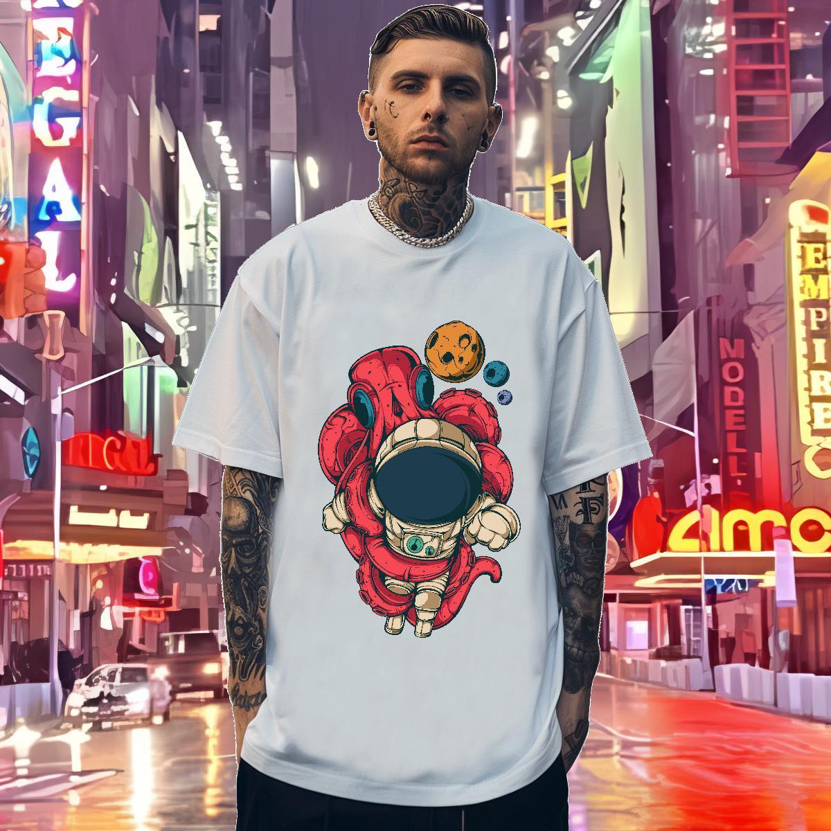 Men T Shirts 230g 100% Cotton cosmonaut Summer Casual Breathable Short Sleeve Oversized Couples T Shirts Customized Loose Top Tees
