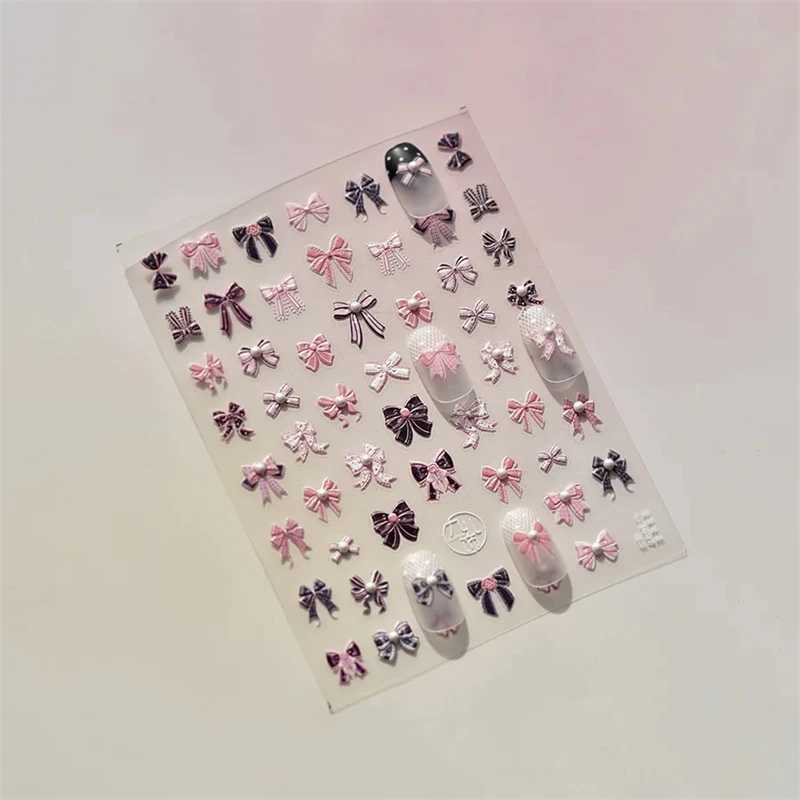 Sweet Pink Black Bowknot Nail Stickers High Quality Pearl Bead Design Adhesive Stickers Nail Art DecorationXJ240814