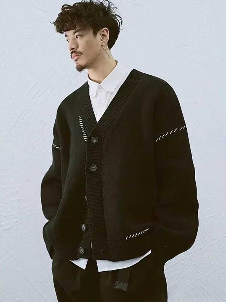 Mens Clothing Japanese Retro Cardigan Knit Sweater Male Coat Jacket Patchwork Black Long Sleeve 100% Sweat-shirt Baggy Street AXJ240814