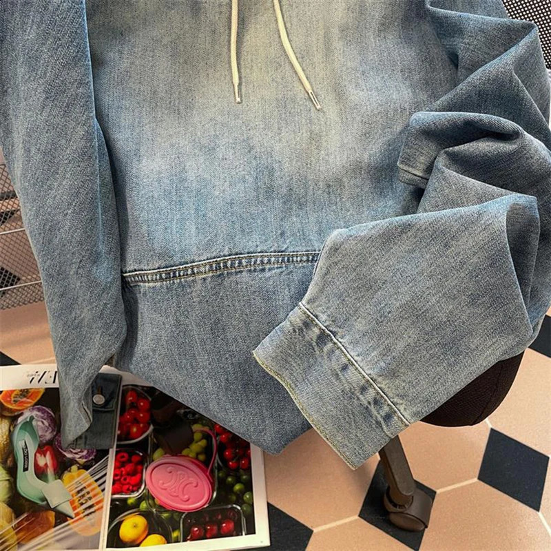 Retro Casual Denim Jacket Womens Fashion Korean Sweatshirt Hooded Loose Sleeve Street Apparel Coat Y2k Top Ropa Mujer 240815