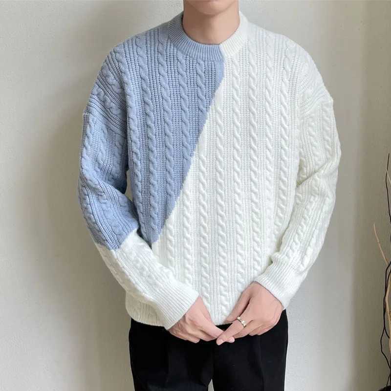 Winter Fashion Trend Color Contrast Round Neck Fried Dough Twists Loose Versatile Handsome Thickened Mens Long Sleeved SweaterXJ240814