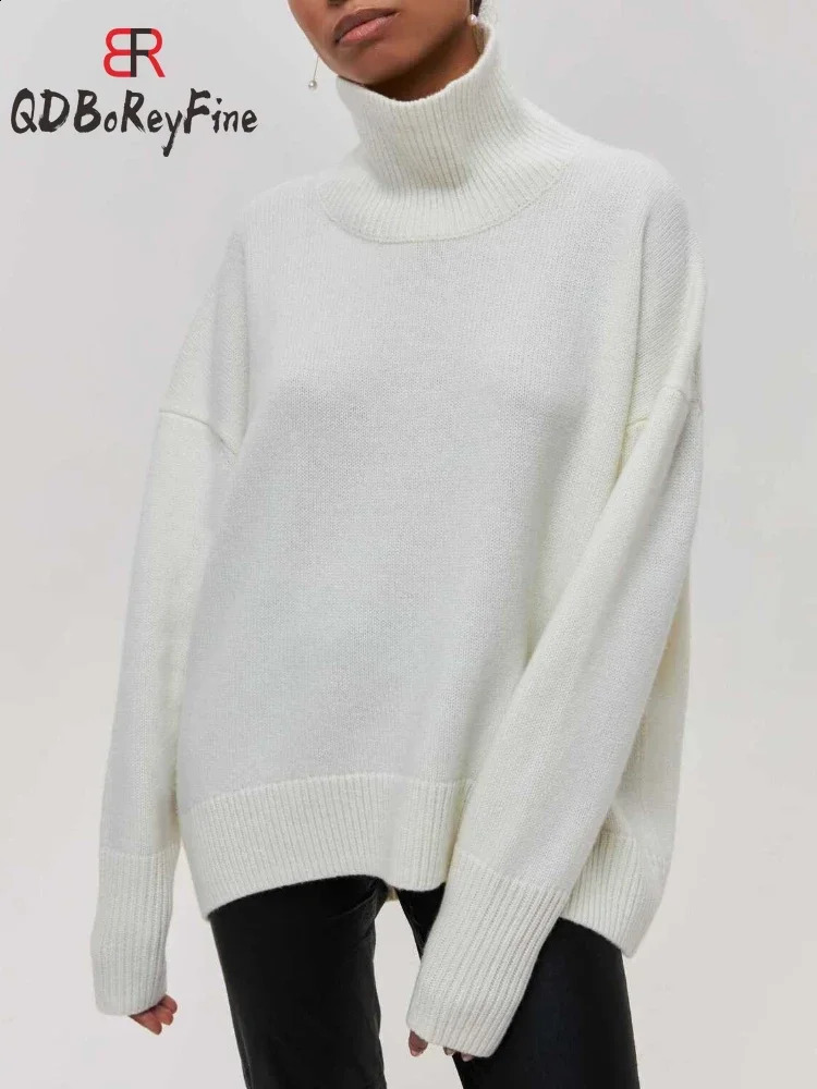 Winter Women Turtleneck Sweater Oversize Long Sleeve Top Autumn Casual Loose Jumper White Thick Warm Knitted Pullovers for Women 240815